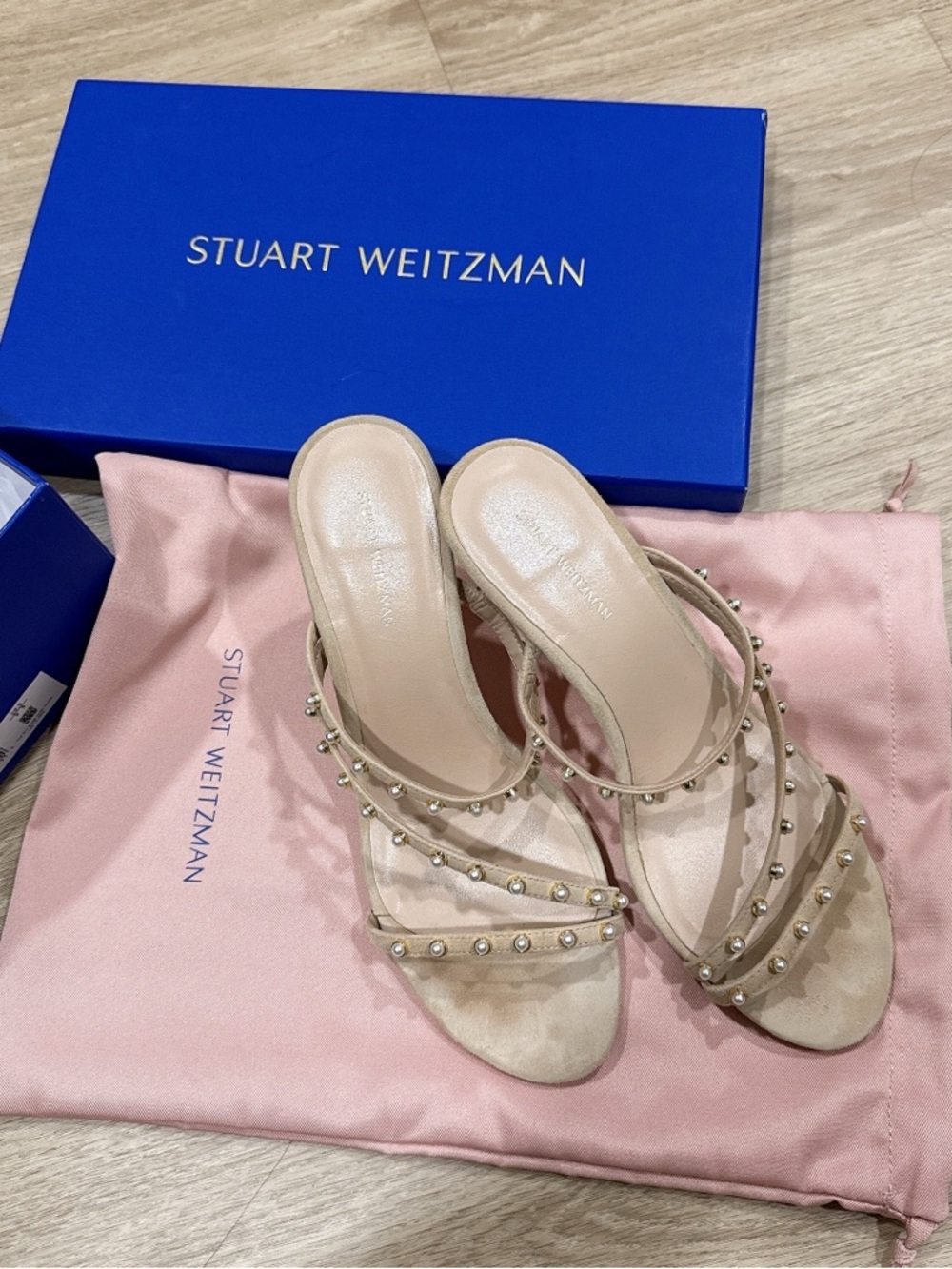 Stuart Weitzman Beige Pearl-Studded Strappy Mules